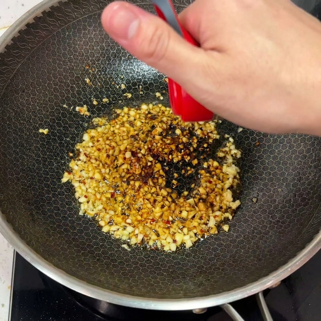 Una mano che sparge scaglie di peperoncino nel wok con laglio che sfrigola.
