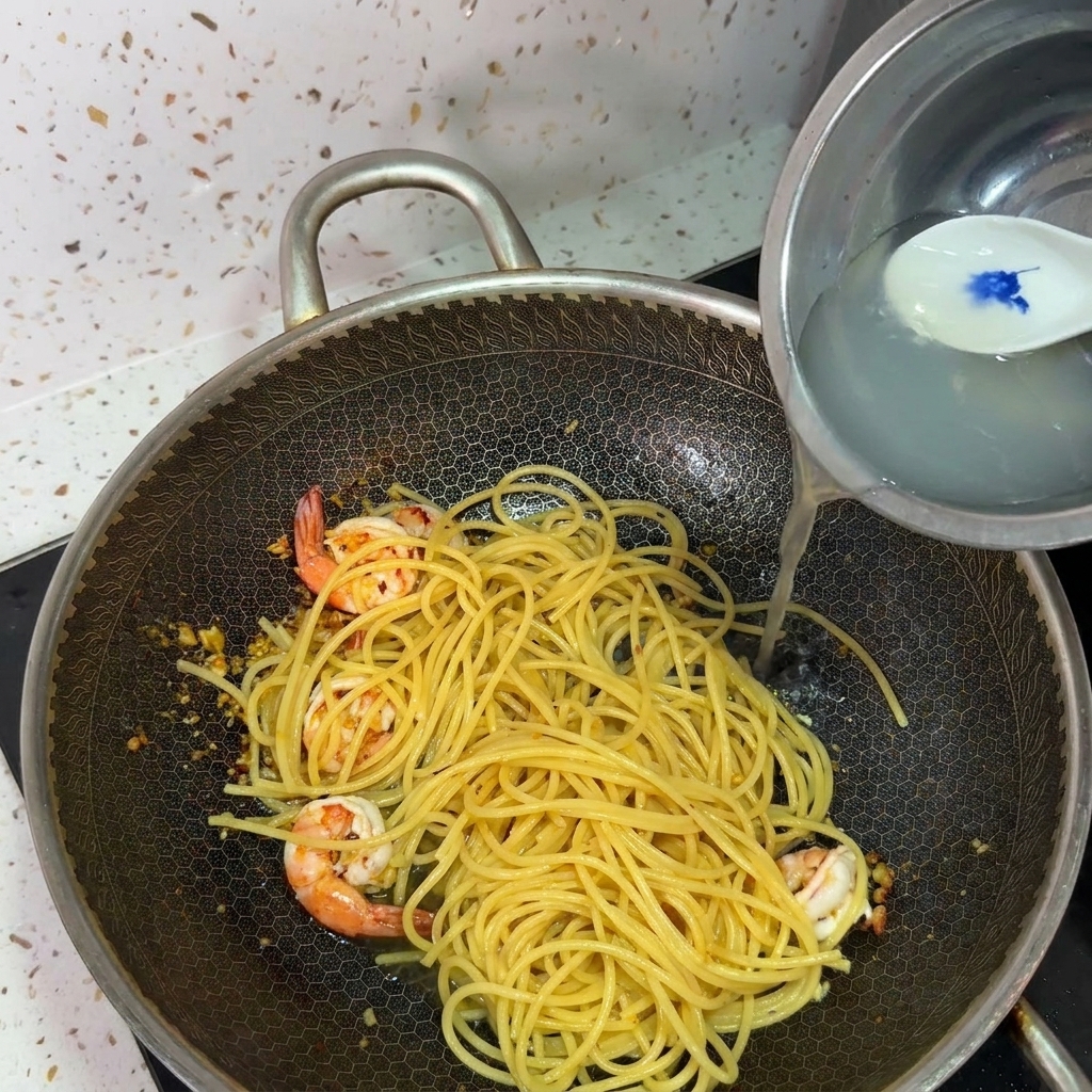 Acqua di cottura amidacea versata da una ciotola nel wok con spaghetti e gamberi.