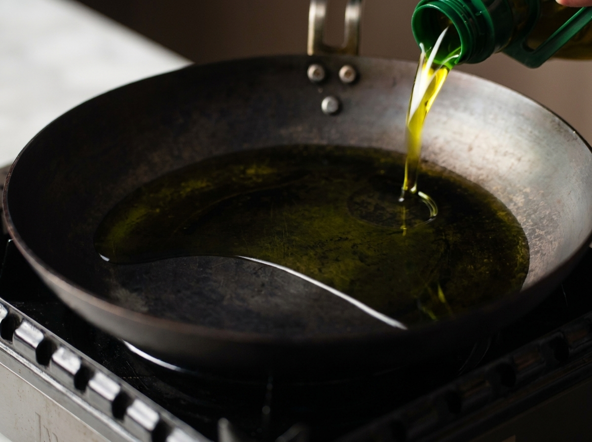 Olio da cucina versato da una bottiglia verde in una padella in acciaio al carbonio riscaldata.