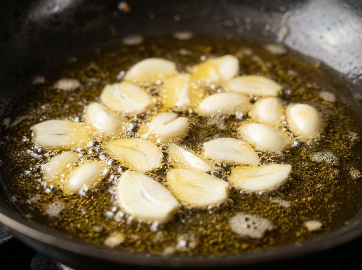 Aglio affettato che sfrigola delicatamente in una padella di olio dorato infuso di gamberi.