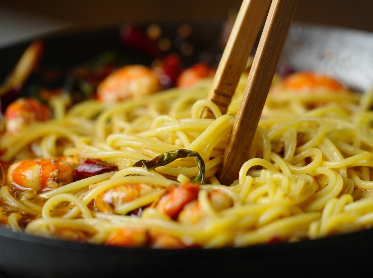 Bacchette di legno che saltano spaghetti con gamberi e peperoncini in padella.