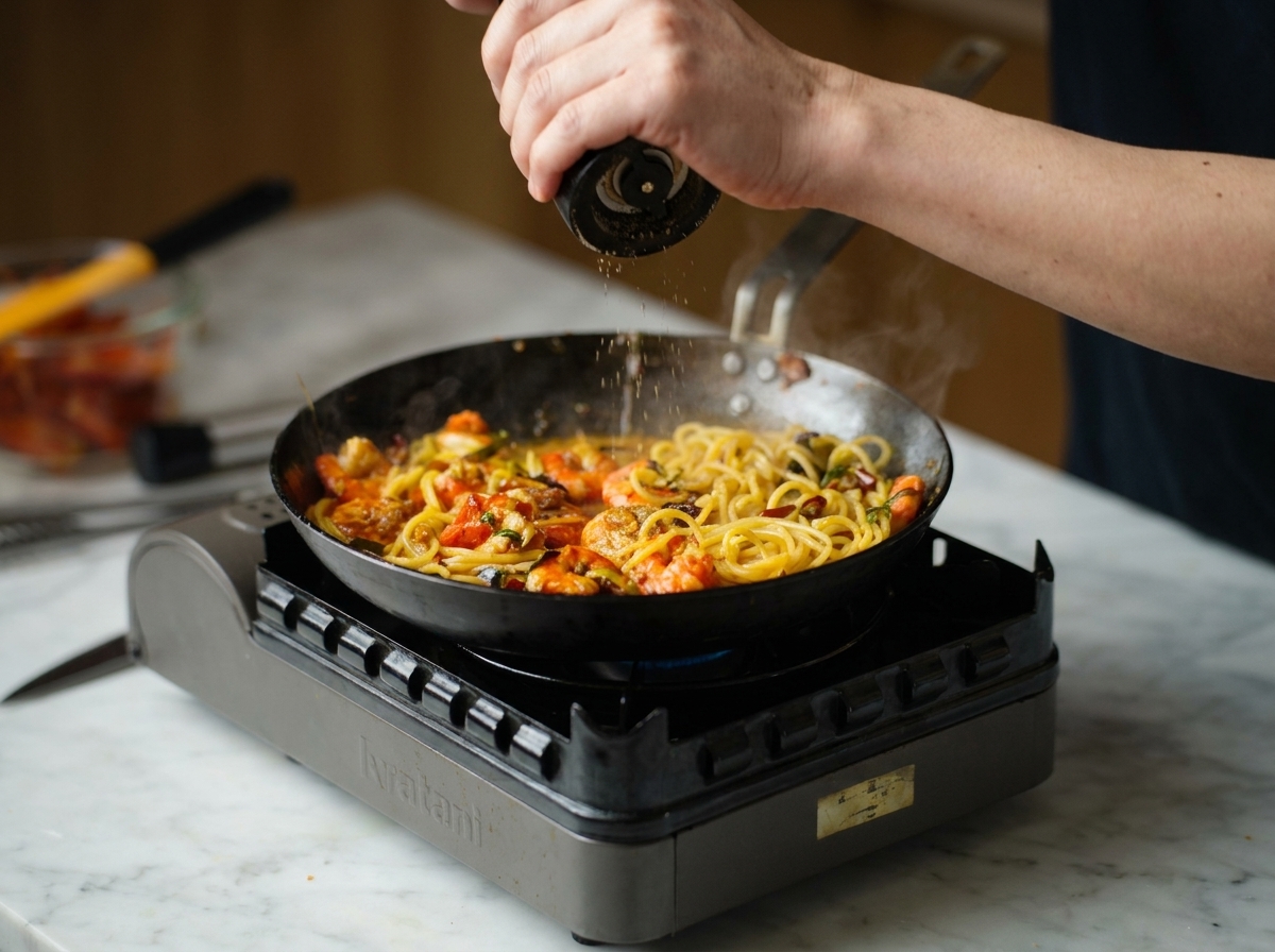 Mani che usano un macinino per aggiungere sale su una padella di spaghetti ai gamberi e aglio.