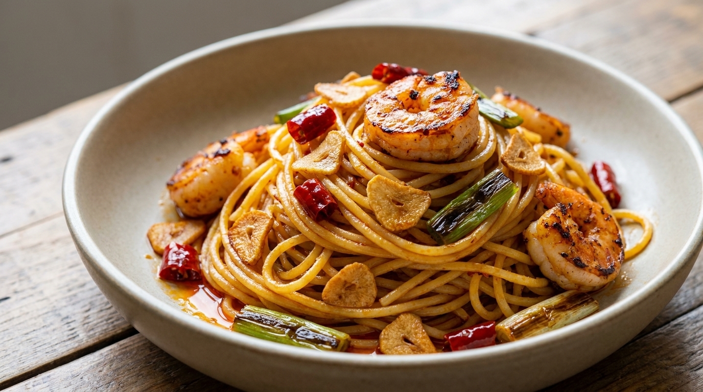 Spaghetti all'Olio di Gamberi con Aglio e Cipollotti Caramellati