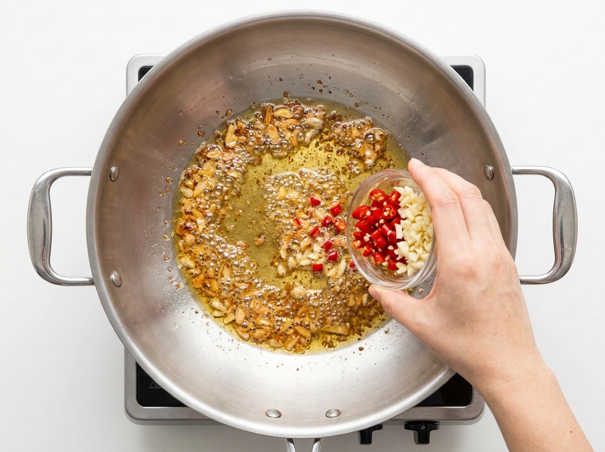 Peperoncino e aglio mescolati in una padella con olio insaporito.