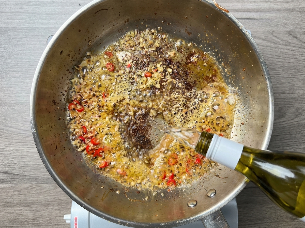 Vino bianco versato da una bottiglia verde in una padella calda con salsa allaglio e peperoncino.