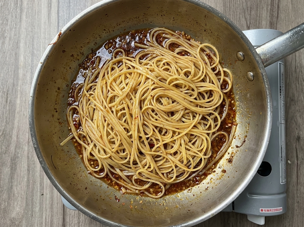 Linguine cotte mescolate in una ricca salsa rossastra allaglio e peperoncino in padella.