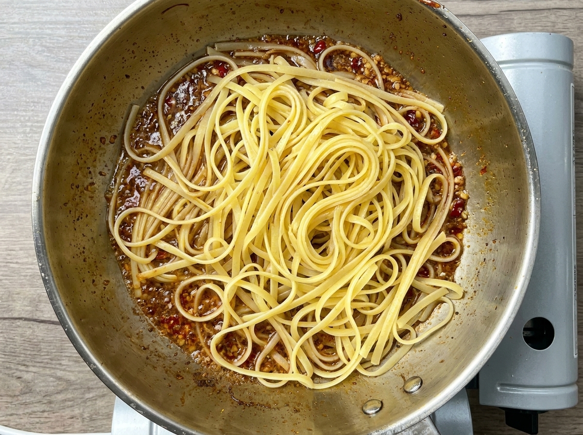 Linguine in padella immerse in una ricca salsa allaglio e peperoncino.