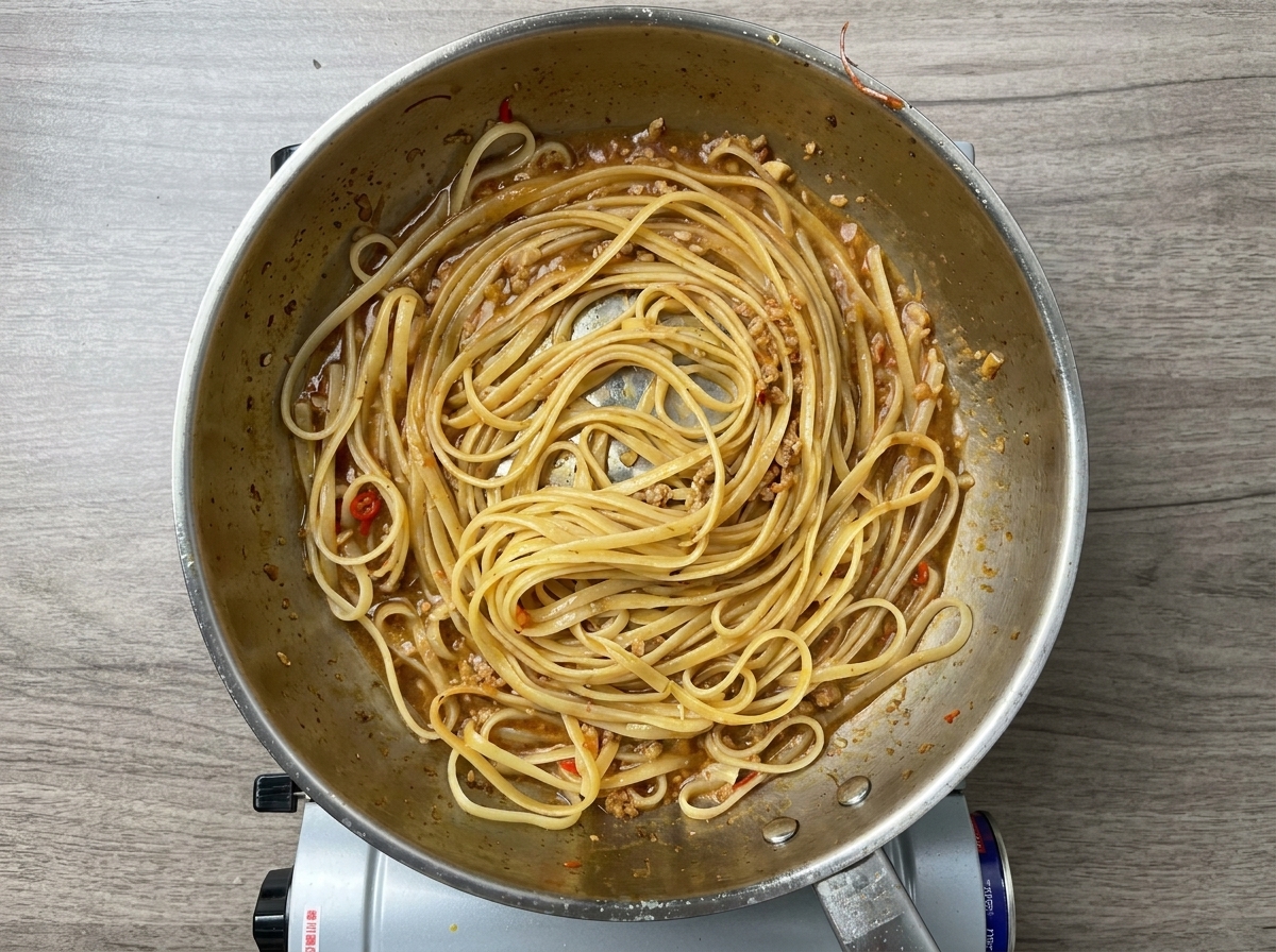 Linguine saltate in una salsa lucida allaglio in una padella dacciaio.