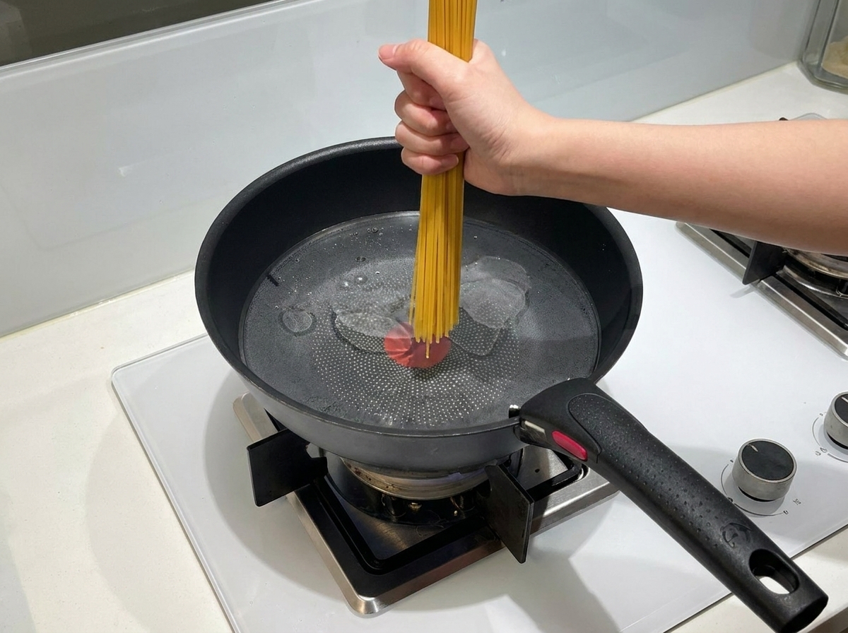 Una mano che tiene verticalmente un mazzo di spaghetti crudi e li spinge in una pentola di acqua bollente.