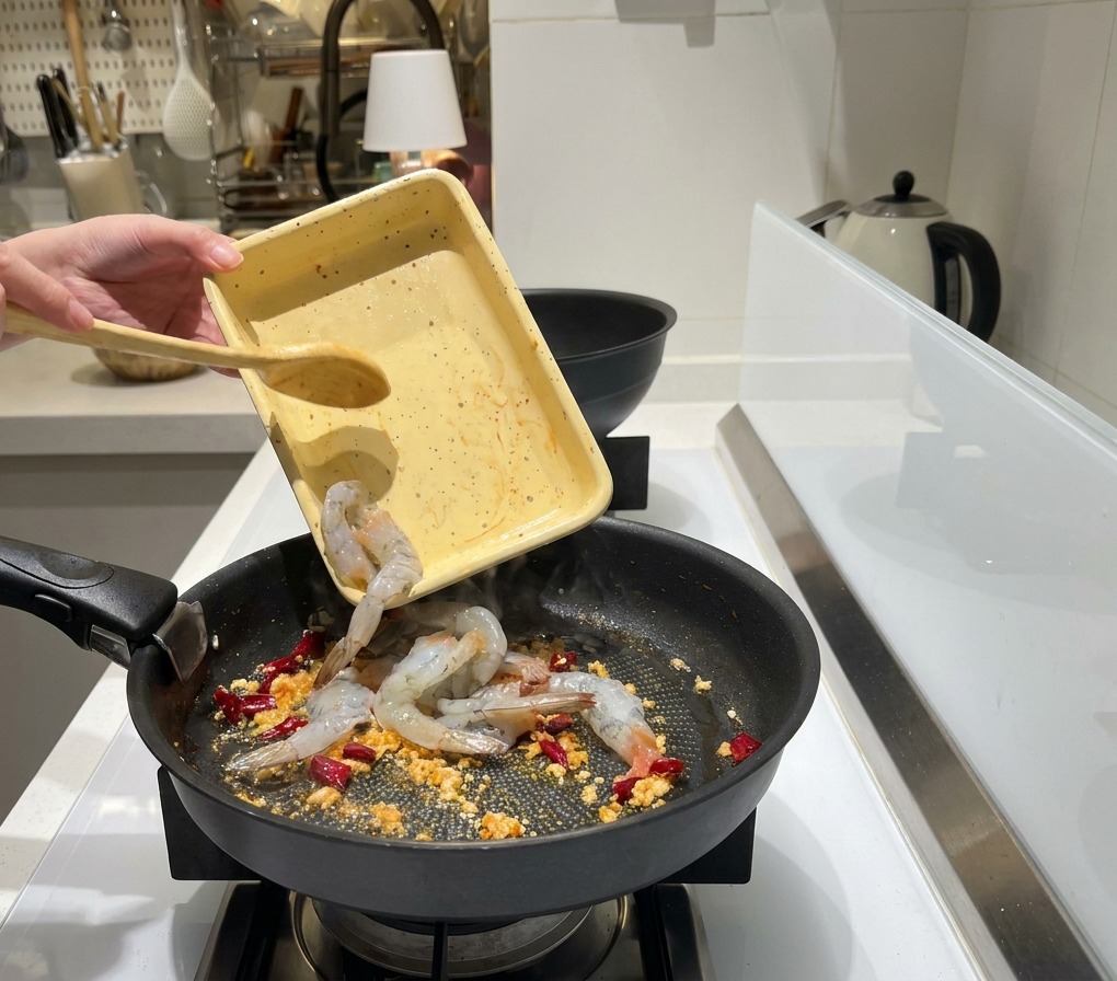 Gamberi crudi sgusciati versati da un piccolo vassoio giallo in una padella con aglio e peperoncino sfrigolanti.