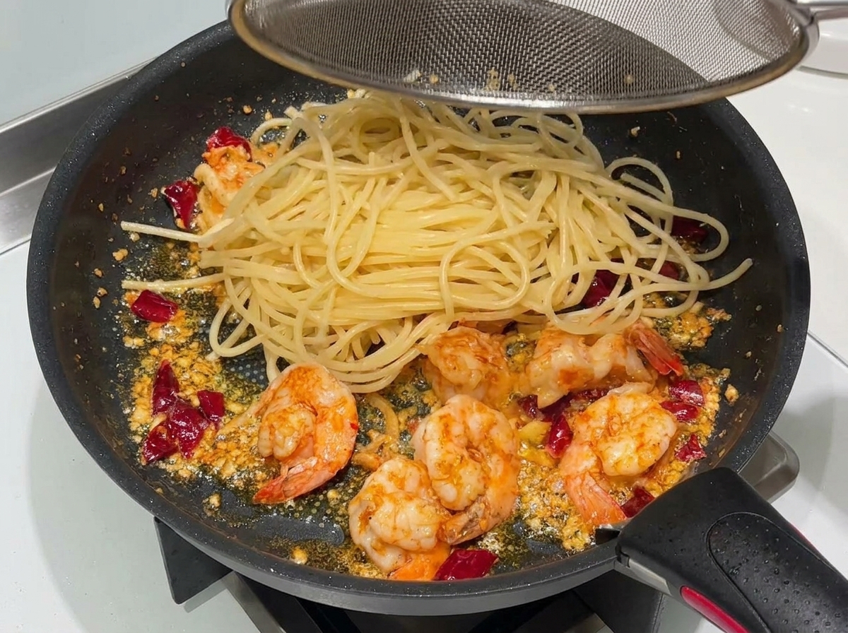 Spaghetti cotti trasferiti in una padella contenente gamberi saltati, aglio e peperoncino.