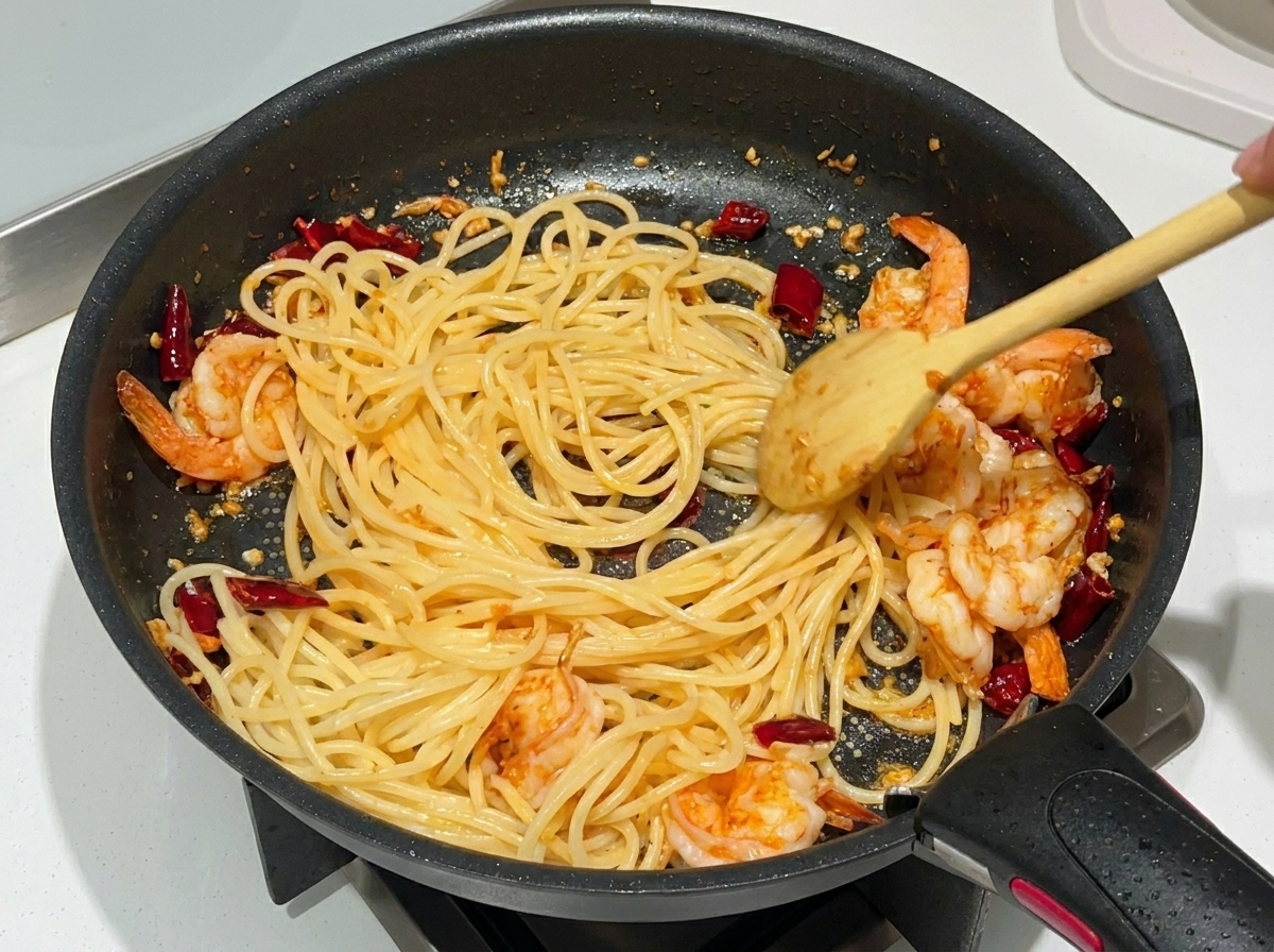 Mescolare spaghetti e gamberi in padella con un cucchiaio di legno per condire uniformemente la pasta.
