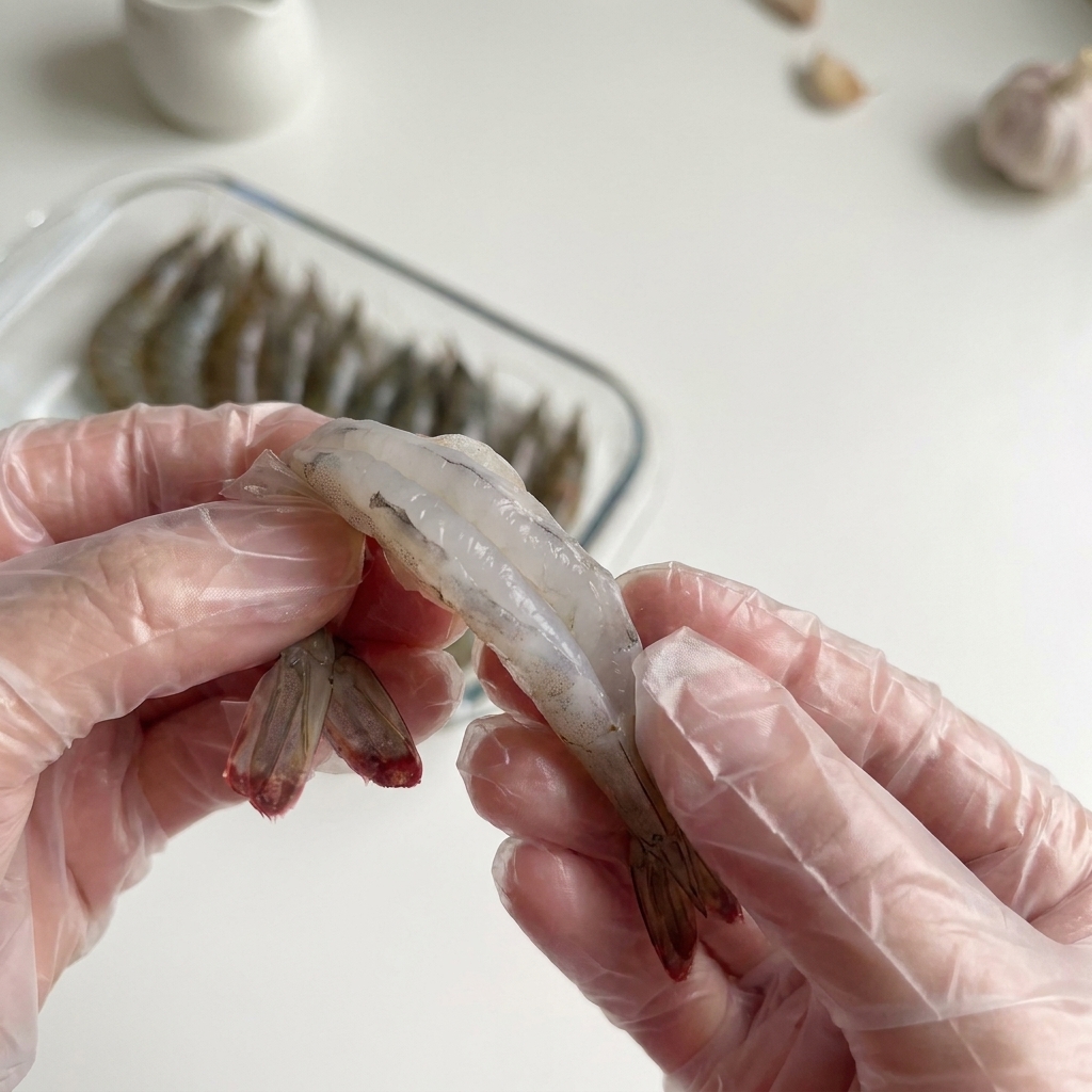Mani con guanti che rimuovono il filo nero intestinale da un gambero crudo.