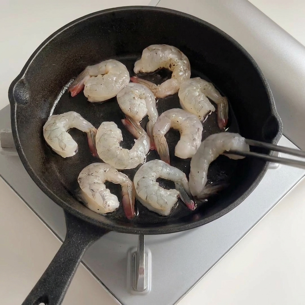 Pinze che adagiano i gamberi conditi in una padella di ghisa con olio caldo.