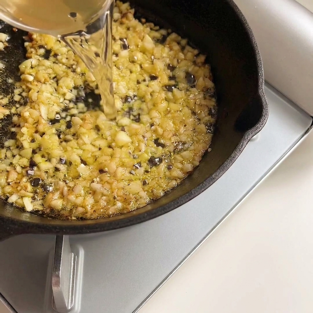 Vino bianco versato nella padella con laglio soffritto.