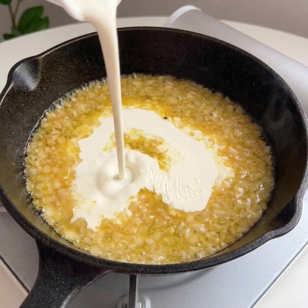 Panna liquida versata nella riduzione di vino e aglio che sobbolle.