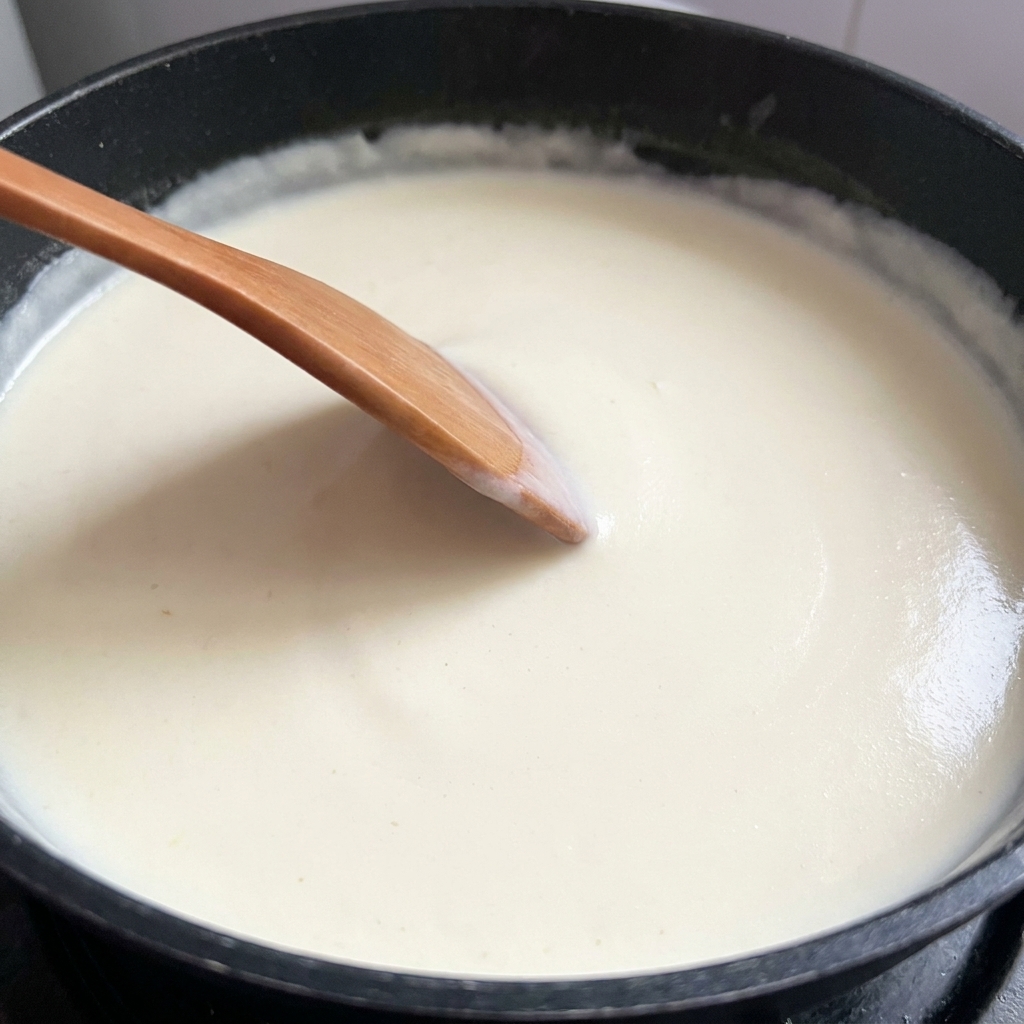 Salsa cremosa mescolata con una spatola di legno e pepe nero.
