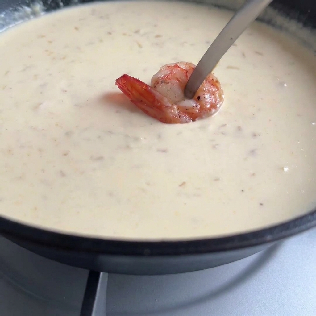 Gamberi rosa aggiunti alla salsa alla panna liscia e bollente.