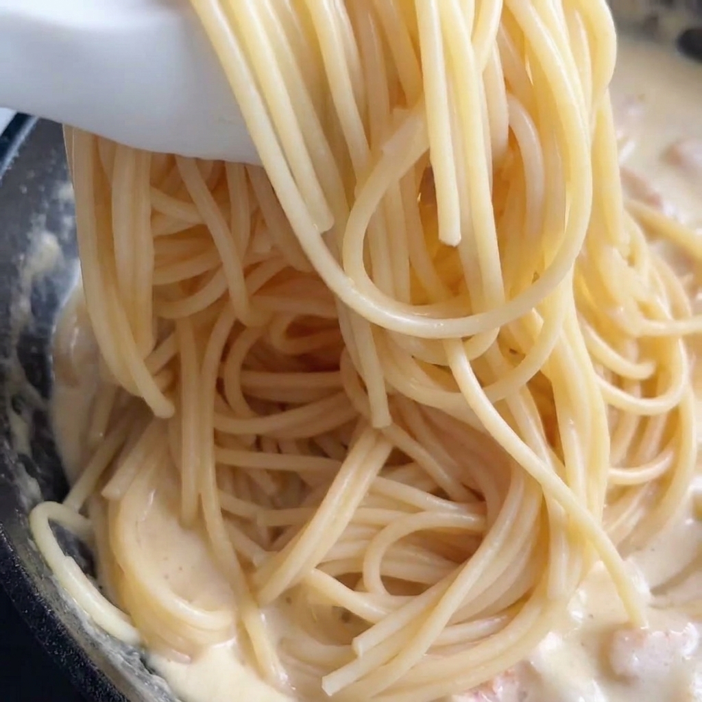 Pinze che trasferiscono gli spaghetti cotti nella padella con il condimento.