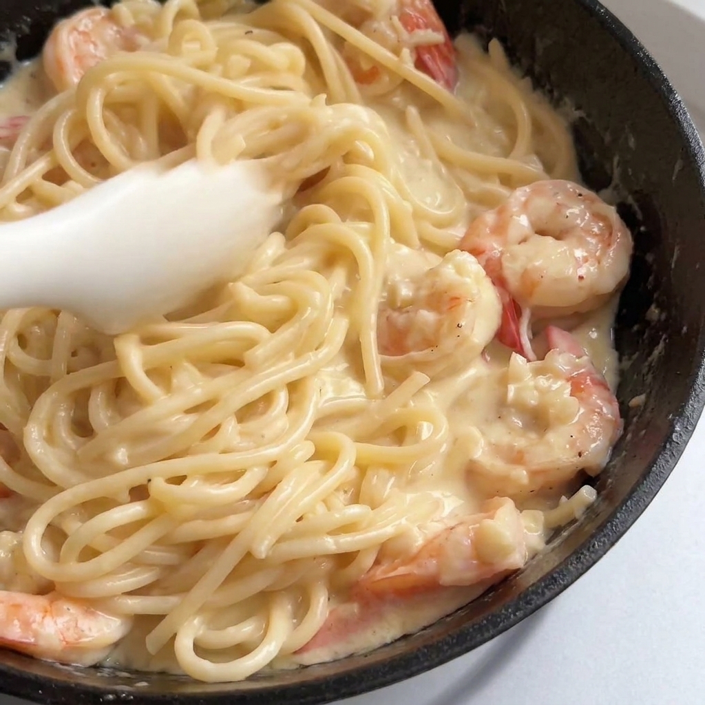 Spaghetti e gamberi saltati insieme nella salsa cremosa allaglio.