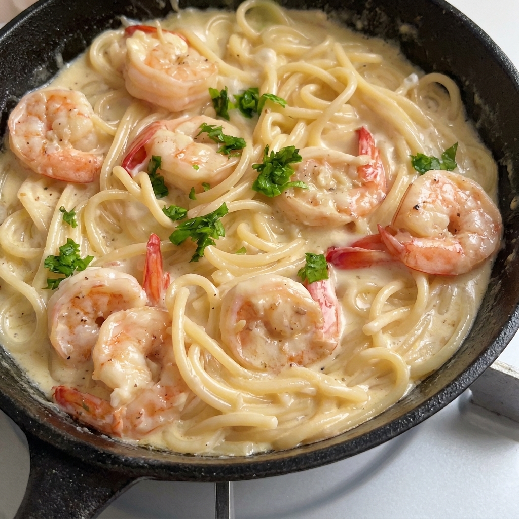 Pasta ai gamberi finita e guarnita con prezzemolo fresco tritato.