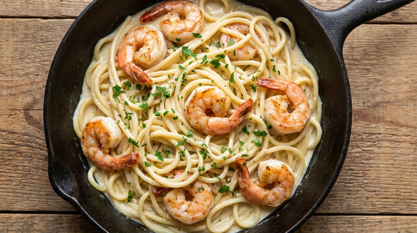 Spaghetti Cremosi ai Gamberi con Aglio e Vino Bianco