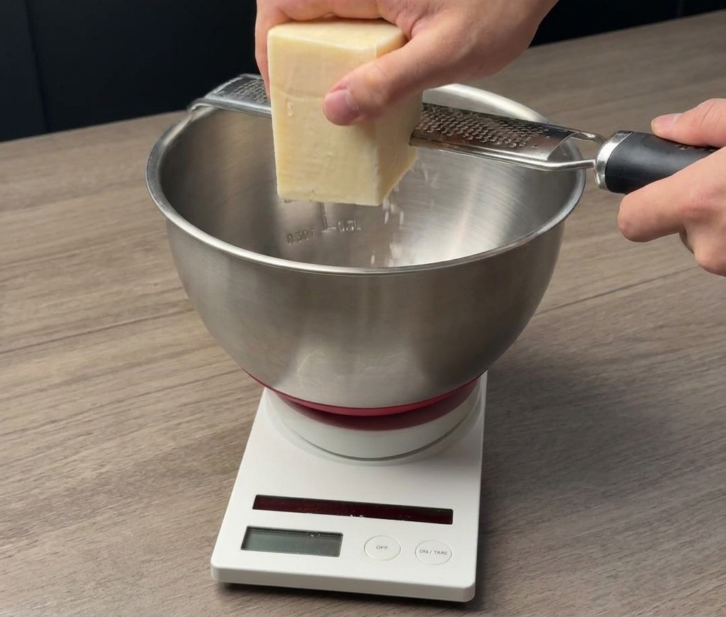 Una mano che grattugia un pezzo di pecorino con una grattugia di metallo sopra una ciotola dacciaio posta su una bilancia digitale.