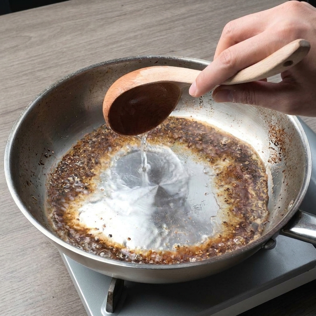 Una mano che usa un mestolo di legno per versare acqua calda in una padella con il pepe nero tostato.
