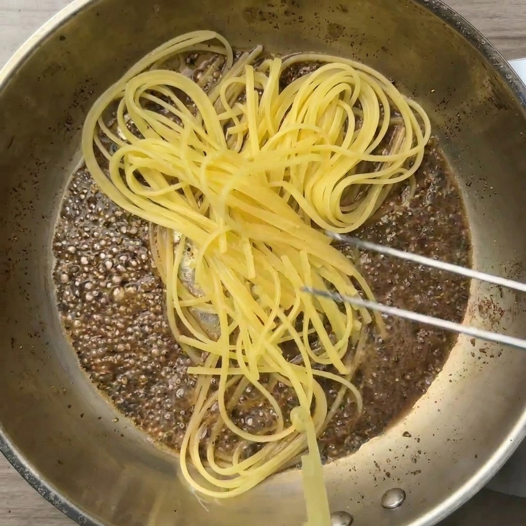 Pinze da cucina che tuffano spaghetti parzialmente cotti in una padella dacciaio con acqua infusa al pepe.
