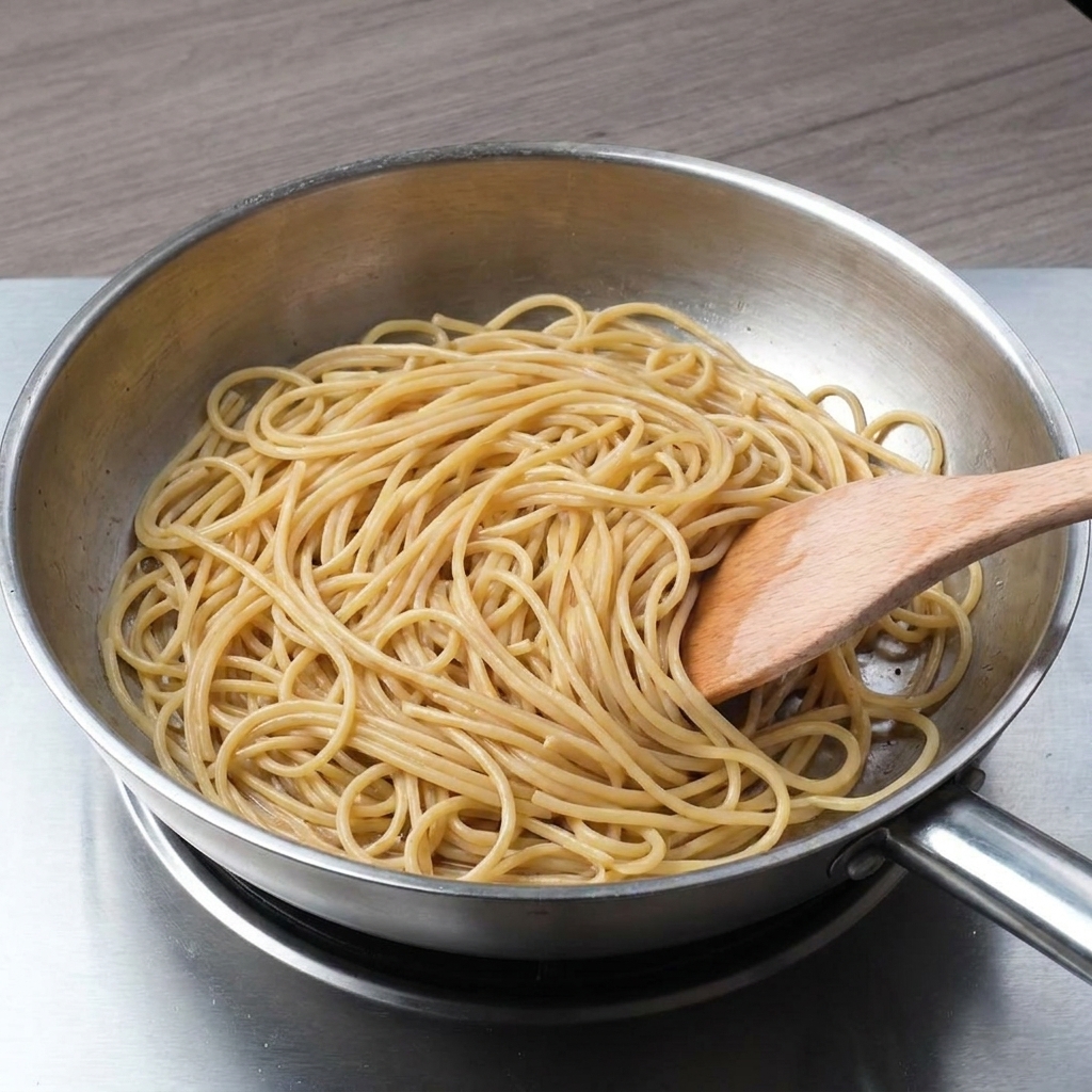Spaghetti saltati e mescolati vigorosamente in una padella dacciaio con una spatola di legno.