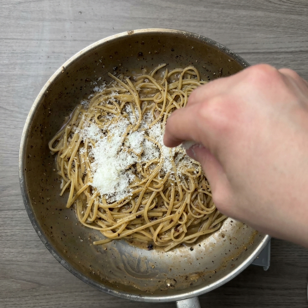 Una mano che spolvera abbondante pecorino grattugiato sugli spaghetti caldi e pepati in padella.