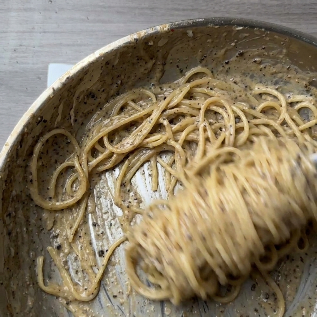 Spaghetti mescolati energicamente in padella, avvolti da una crema densa di formaggio e costellati di pepe nero.