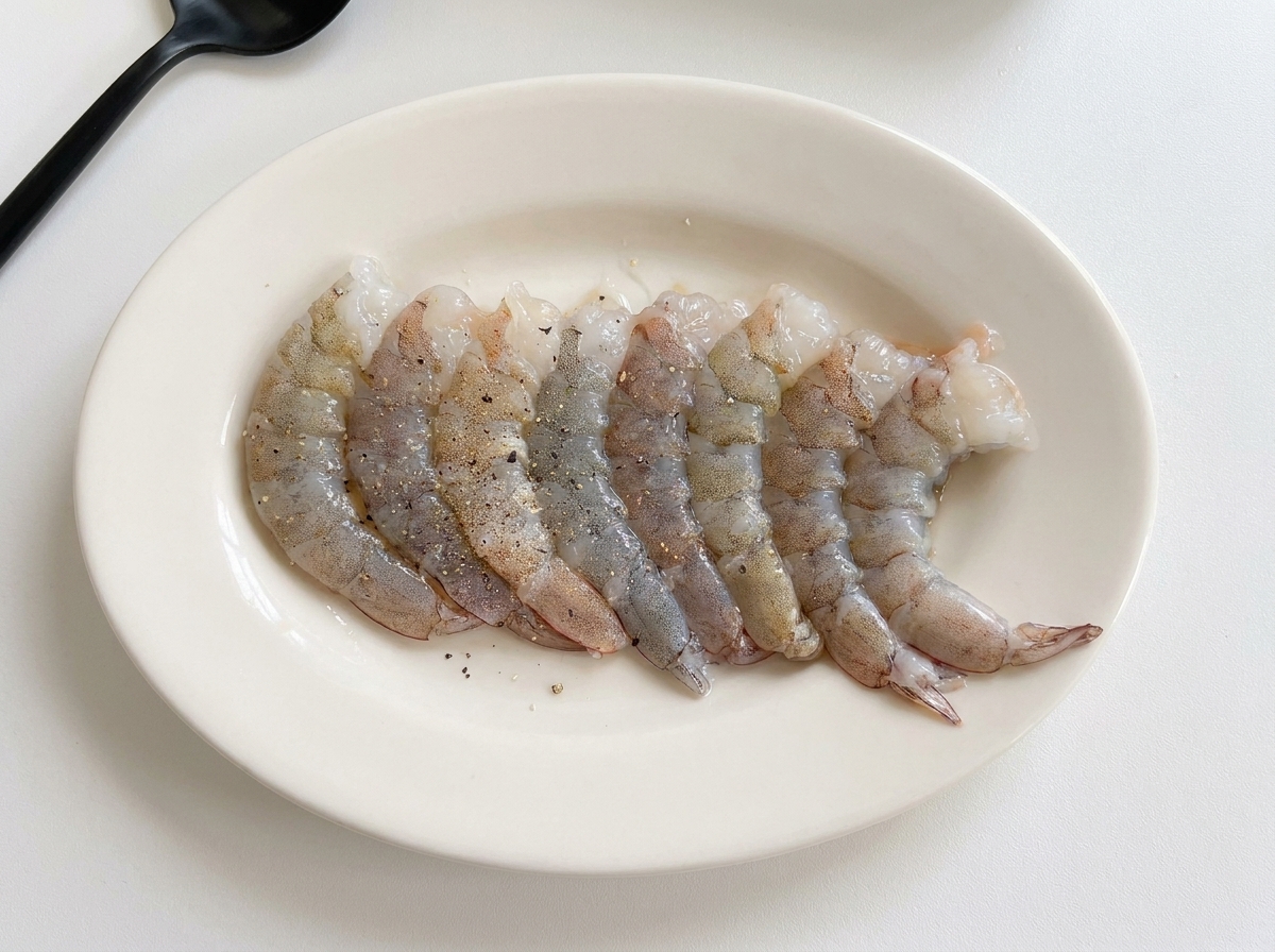 Gamberi grigi sgusciati su un piatto bianco cosparsi di pepe nero.