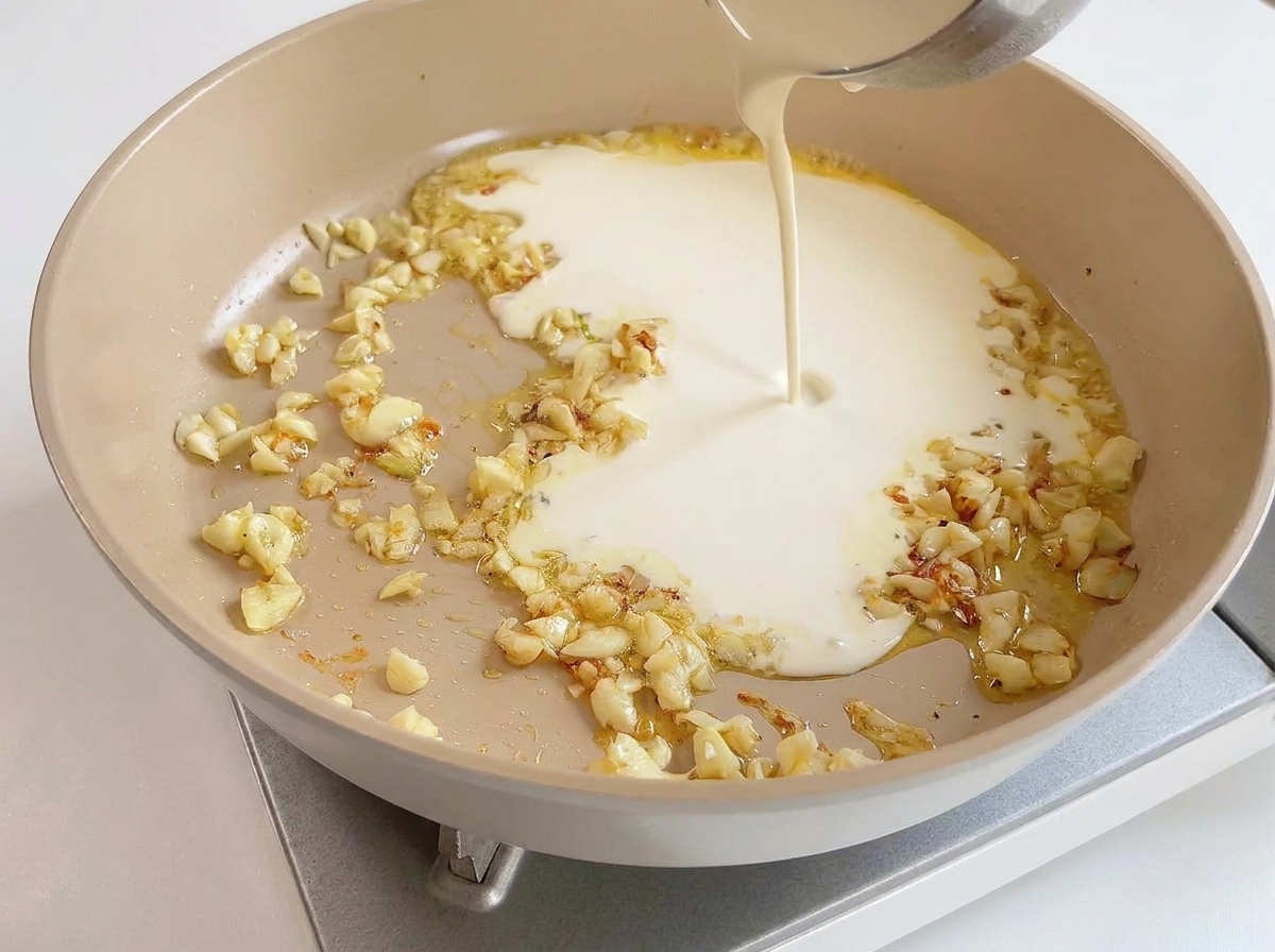 Panna liquida bianca versata in una padella con laglio soffritto.
