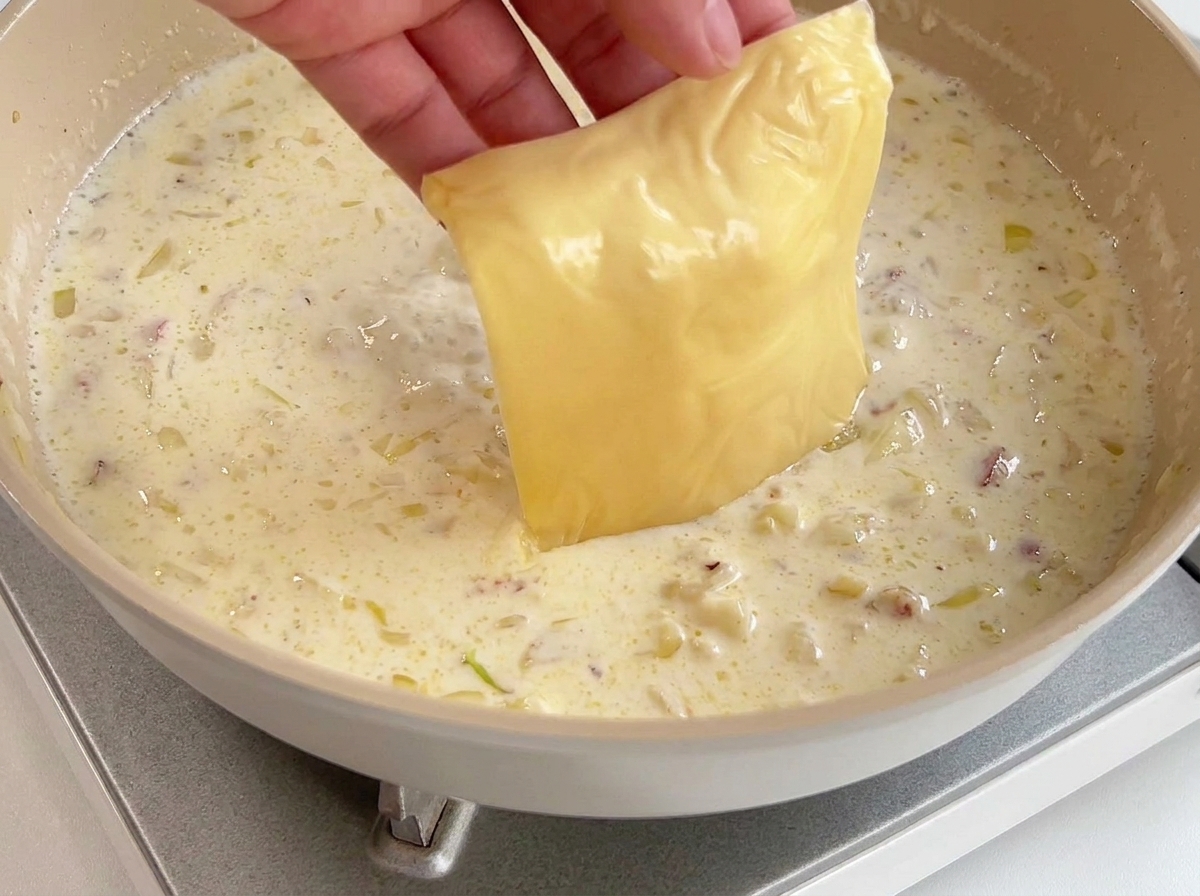 Una mano che immerge una fetta di formaggio giallo in una salsa di panna e aglio.
