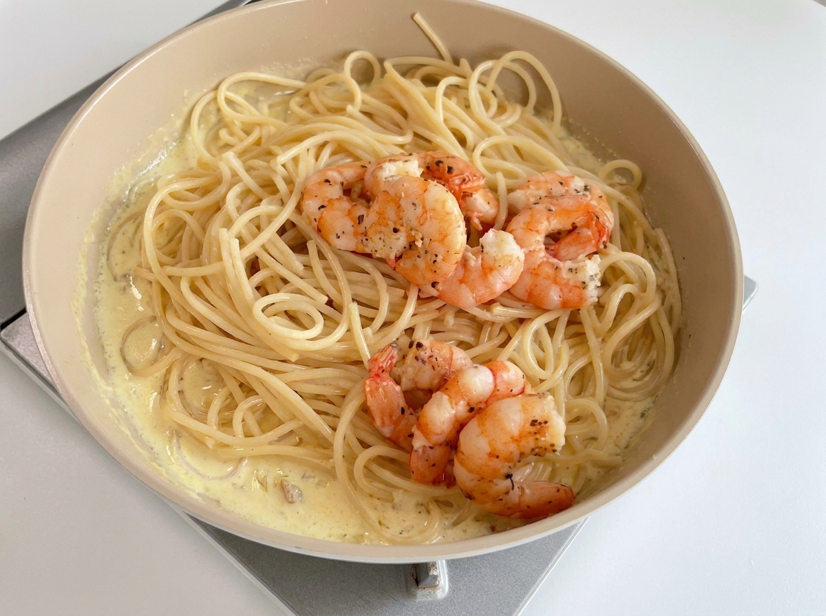 Gamberi rosolati appoggiati sopra gli spaghetti cremosi in padella.