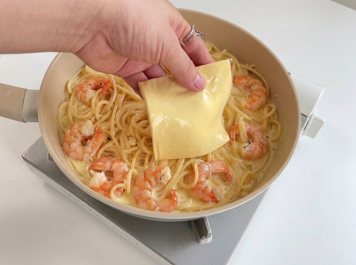 Una mano che appoggia una fetta di formaggio sopra gli spaghetti cremosi ai gamberi.