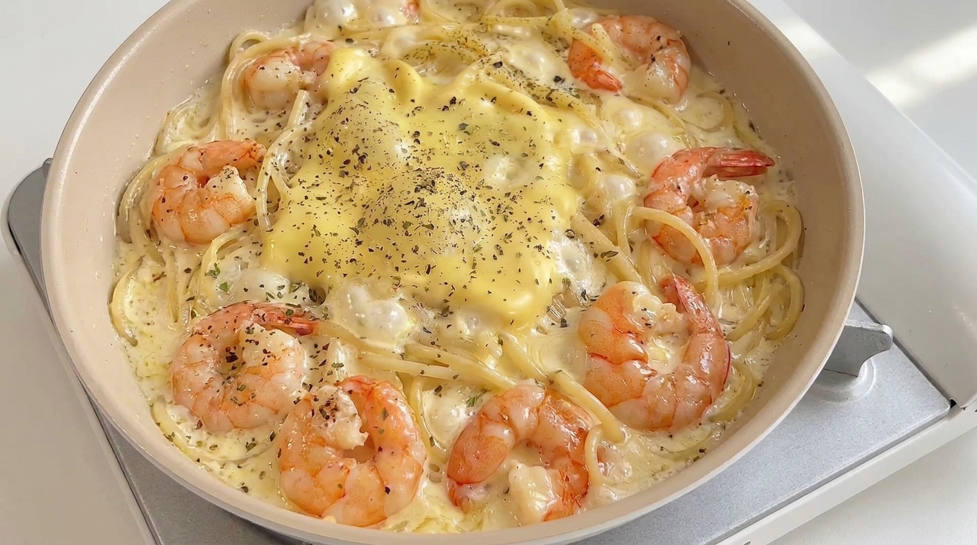 Pasta cremosa ai gamberi con burro all'aglio e formaggio