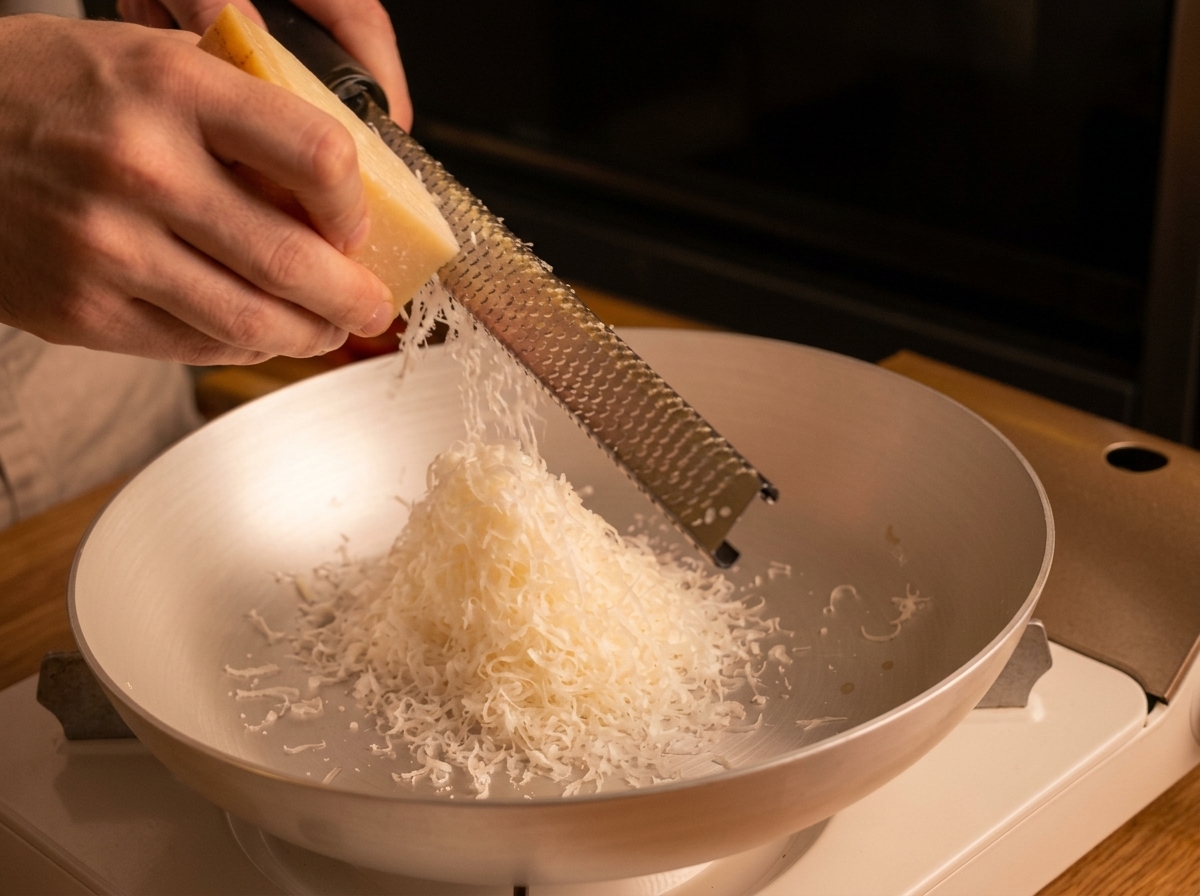 Mani che sfregano un pezzo di Pecorino su una grattugia fine, creando una montagnetta di formaggio soffice in una padella di metallo.