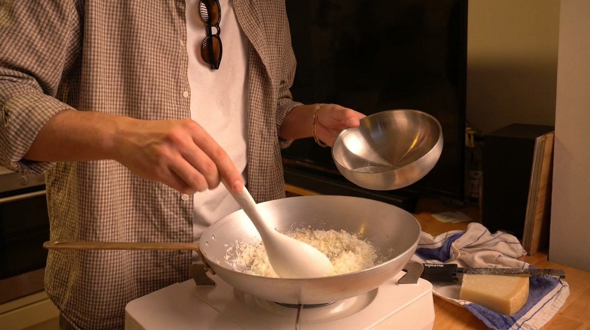 Acqua tiepida versata da una ciotolina dargento in una padella contenente Pecorino appena grattugiato.