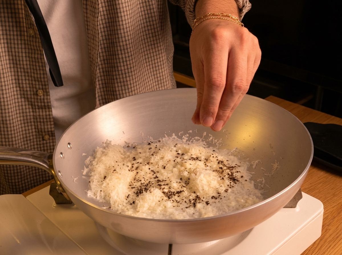 Pepe nero appena frantumato cosparso sul Pecorino inumidito nella padella.