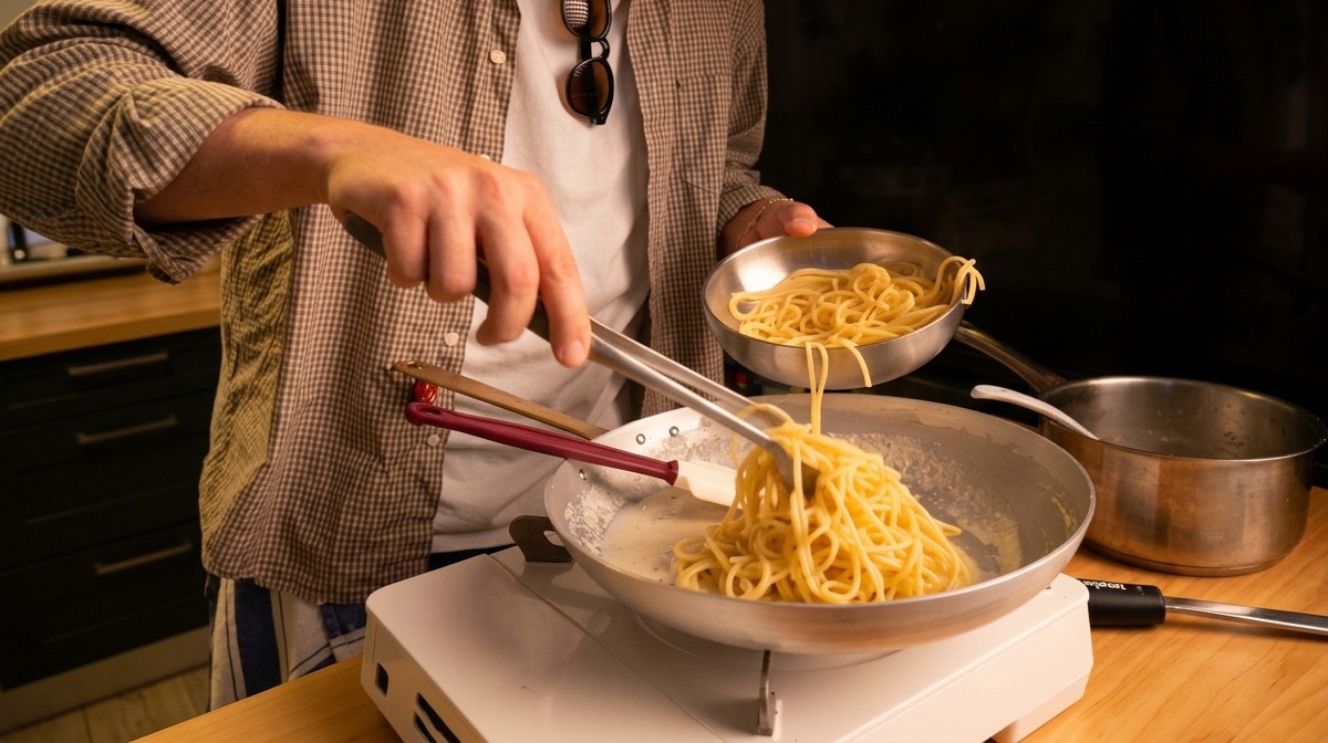 Uso di pinze per trasferire gli spaghetti caldi direttamente nella padella con la crema di formaggio.