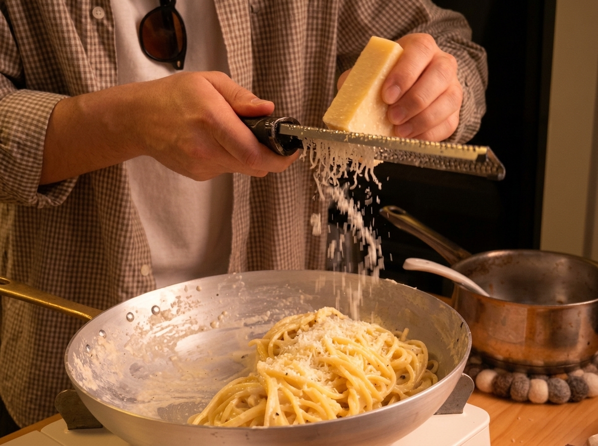 Mani che grattugiano un pezzo di Pecorino fresco sopra una padella di spaghetti cotti usando una grattugia fine.