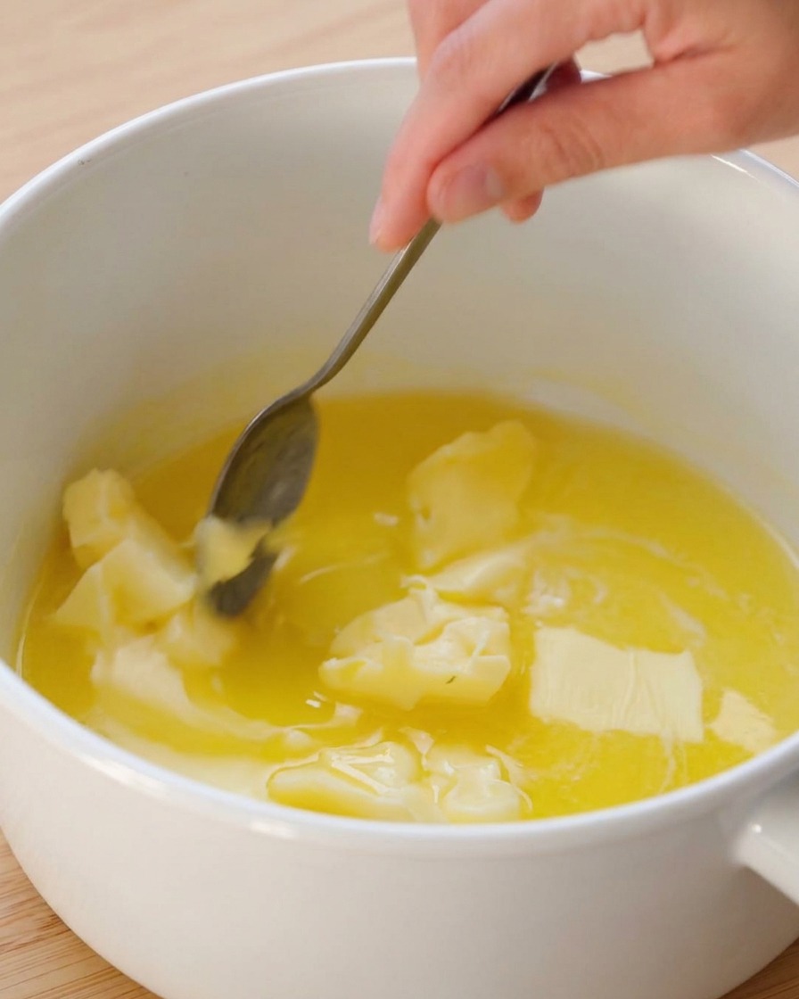 Una mano usa un cucchiaio di metallo per mescolare pezzi di burro che si sciolgono in una pentola bianca.