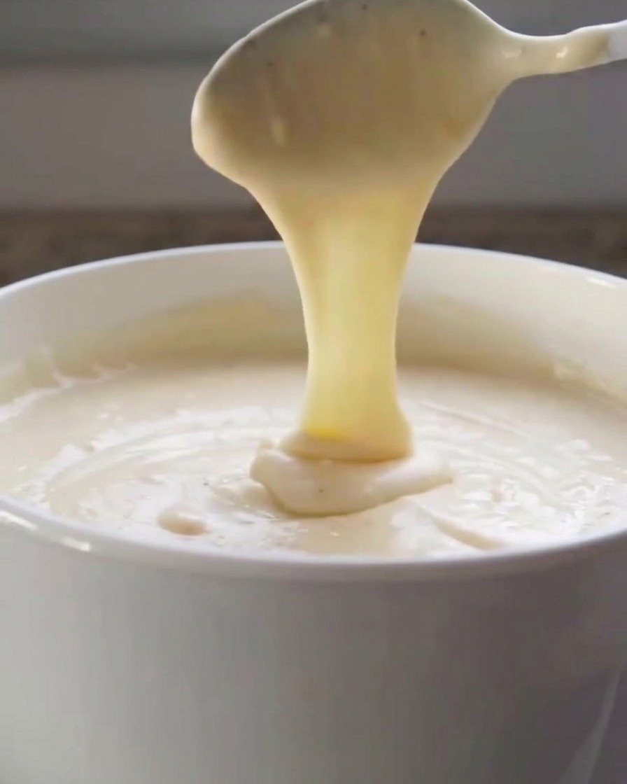 Un cucchiaio bianco solleva una salsa al formaggio densa e lucida da una ciotola, mostrandone la cremosità.