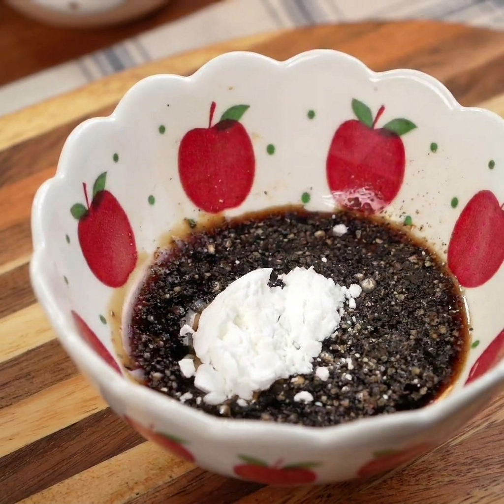 Una ciotolina con salsa di soia, pepe nero e amido di mais non ancora mescolati.