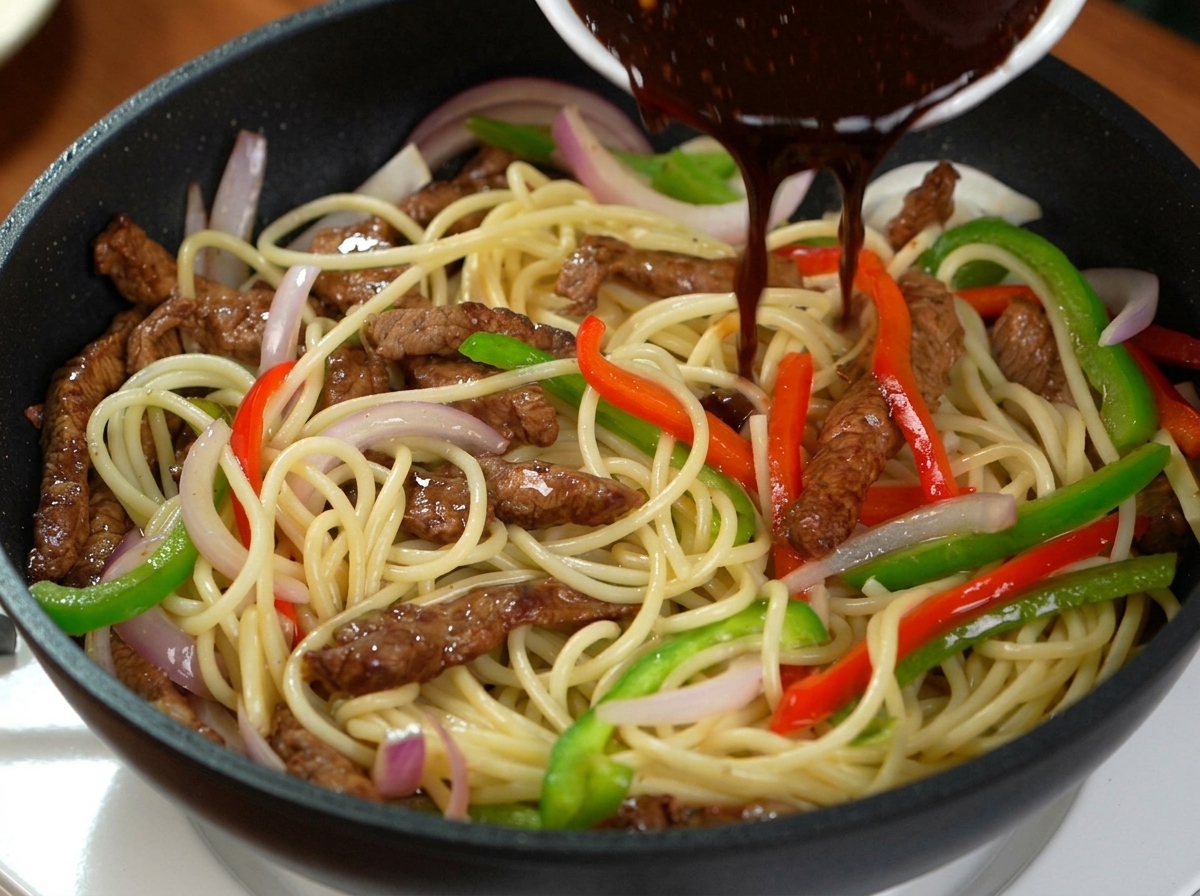Salsa densa al pepe nero versata su spaghetti e manzo in una padella nera.