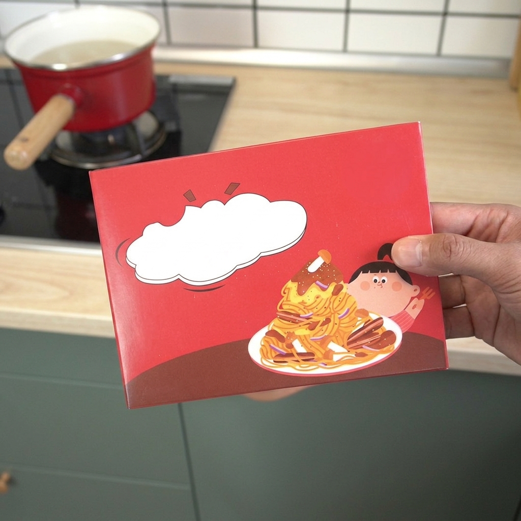 Mano che regge una confezione rossa di spaghetti pronti al manzo e pepe nero in cucina.