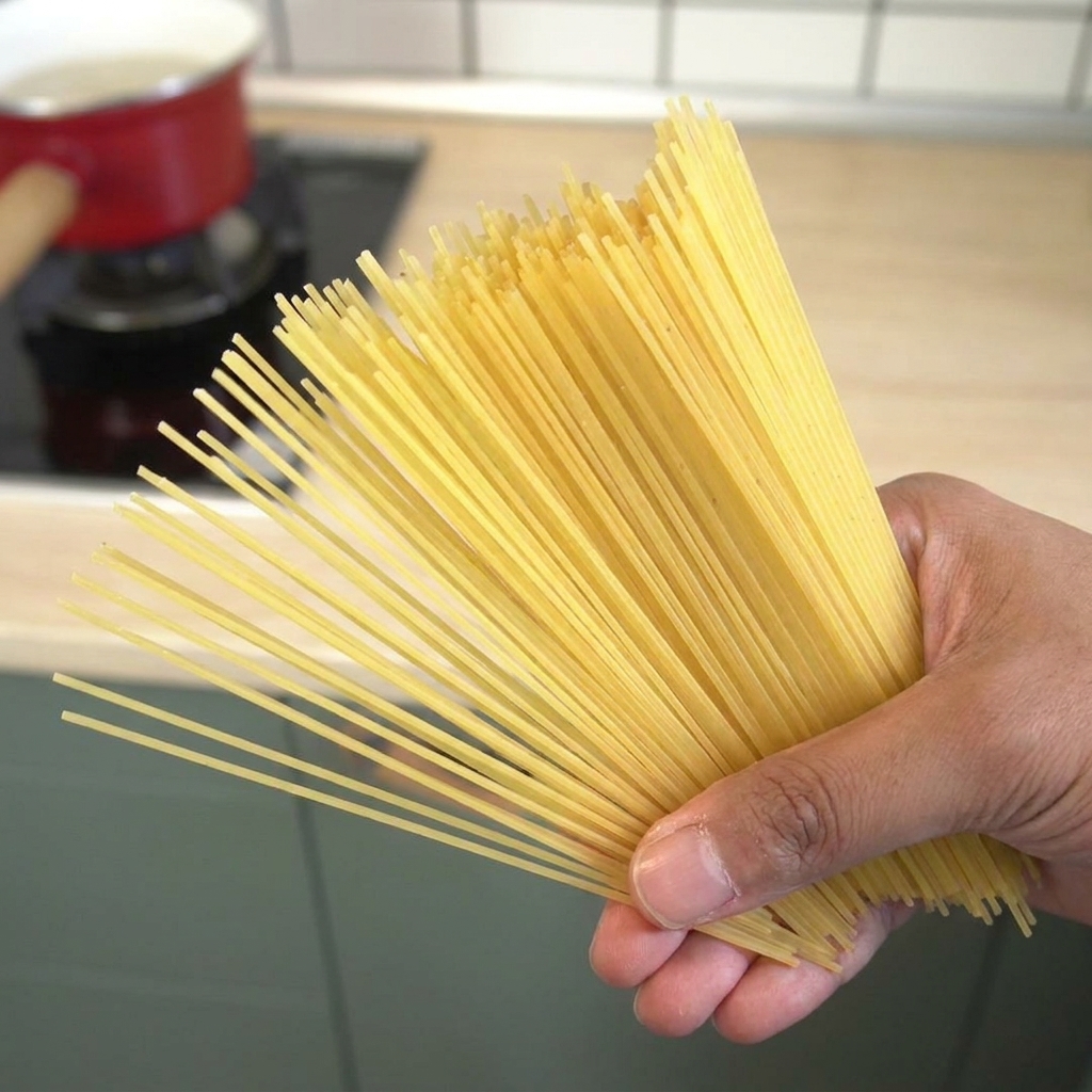 Mano che cala un mazzo di spaghetti secchi in una pentola rossa di acqua bollente.