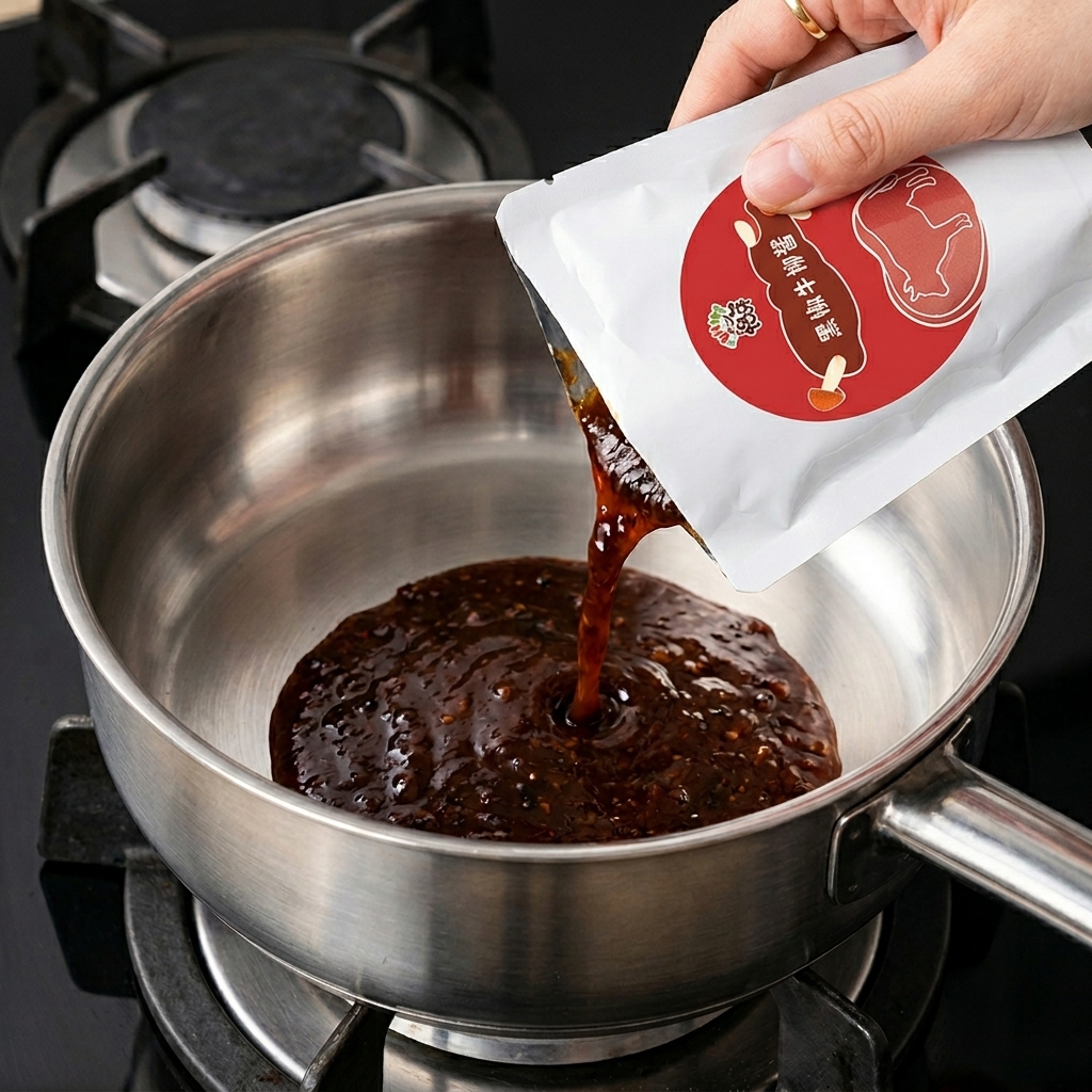 Salsa scura e densa al manzo e pepe nero versata da una busta bianca in una padella dacciaio.